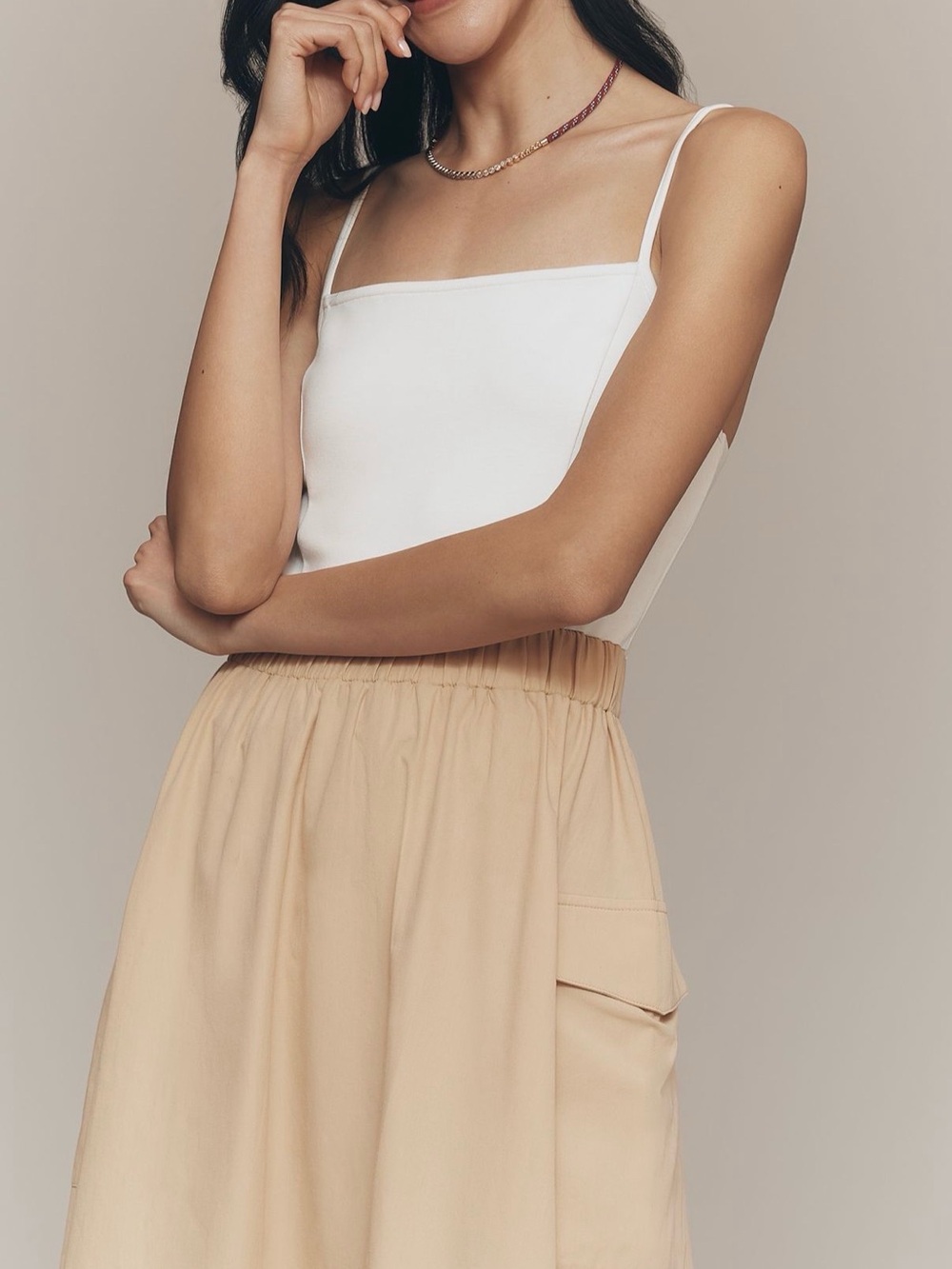 NWOT, Anthropologie A-Line Midi Dress with cargo pockets, khaki and white, Small - Picture 2 of 6